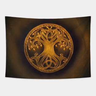 Tree of life with triquetra Celtic knot gold on olive Tapestry