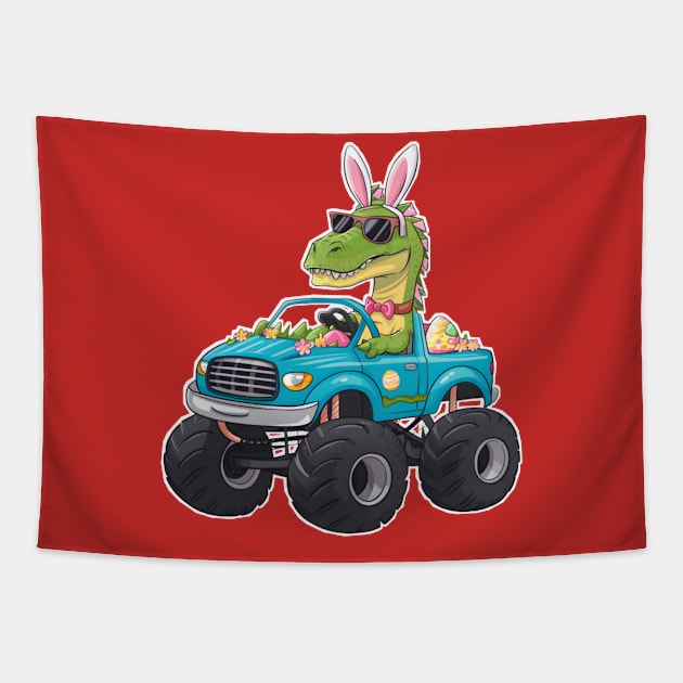 Happy Easter Monster Truck - funny dinsoaur trucker Tapestry by Qrstore