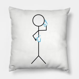 Stick figure holding coffee mug and smartphone Pillow