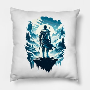 Epic Fantasy Warrior on Mystical Landscape Pillow