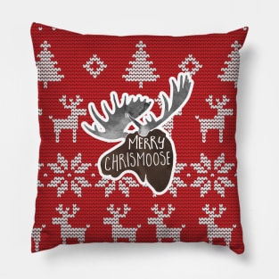 Merry ChrisMOOSE! A Christmas design of a moose atop a Christmas sweater background with a funny phrase Pillow