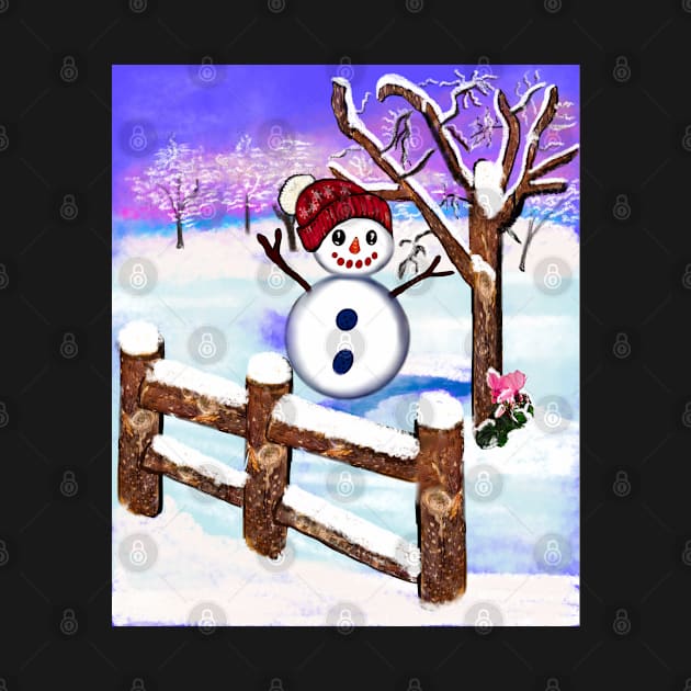 Snowman wearing winter hat  in tranquil winter scenery by Artonmytee