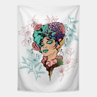 Aesthetic Summer Flower Girl | Pretty Floral Woman Art | Botanical Nature Theme | Floral Designs | Summer Gifts | Gifts for Nature Lovers Tapestry