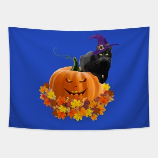 Black cat with witch hat, catoween halloween, jack pumpkin Tapestry