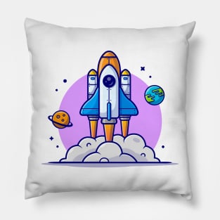 Space Shuttle Taking Off with Planet and Earth Space Cartoon Vector Icon Illustration Pillow