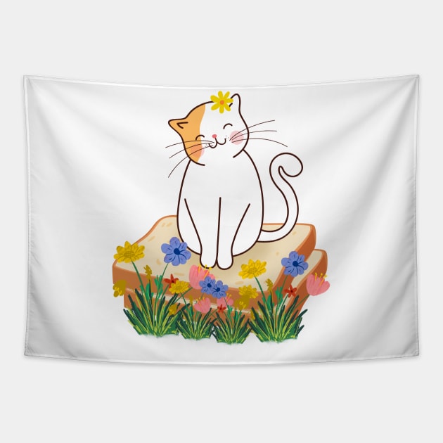 Cat Flower Toast Tapestry by DMS DESIGN