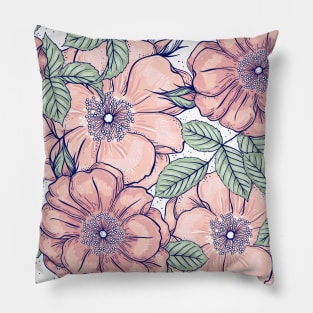 Poppy flower  illustration pattern salmon colour and light green Pillow