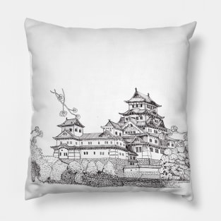 Osaka Castle Japan Pen and Ink Illustration Pillow