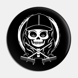 Landscaper Skull and Rake White Logo Pin