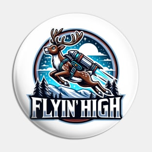 Flyin' High - Reindeer Soaring with Jetpack Pin