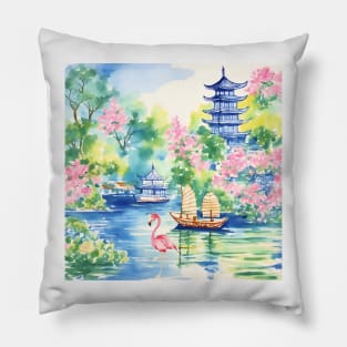 Flamingo in chinoiserie landscape watercolor painting Pillow