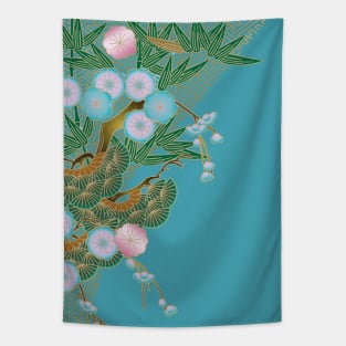 Cherry blossom, bamboo and pine tree on azure background Tapestry