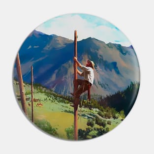 Cowboy climbing on wooden pole Pin