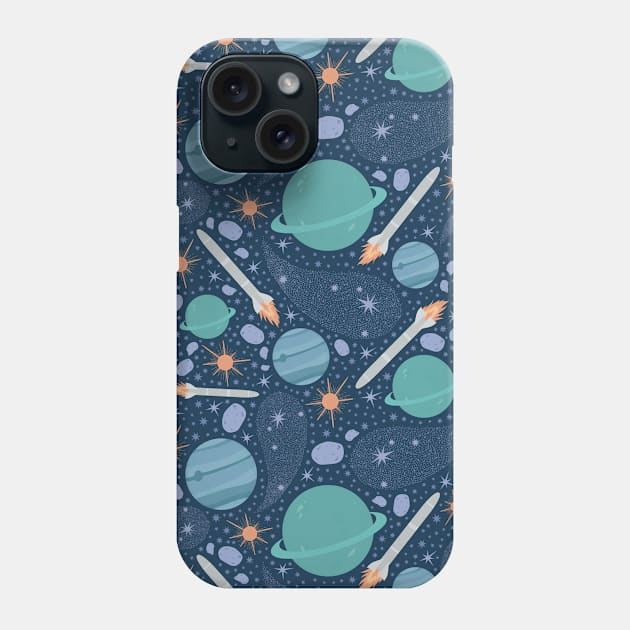 Blue and green planets with cosmic rocket and asteroids Phone Case by PinataFoundry