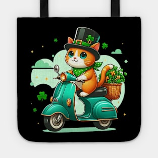 Celebrate St Patricks Day Day with a cute and colorful Cat on a Motorcycle design Tote