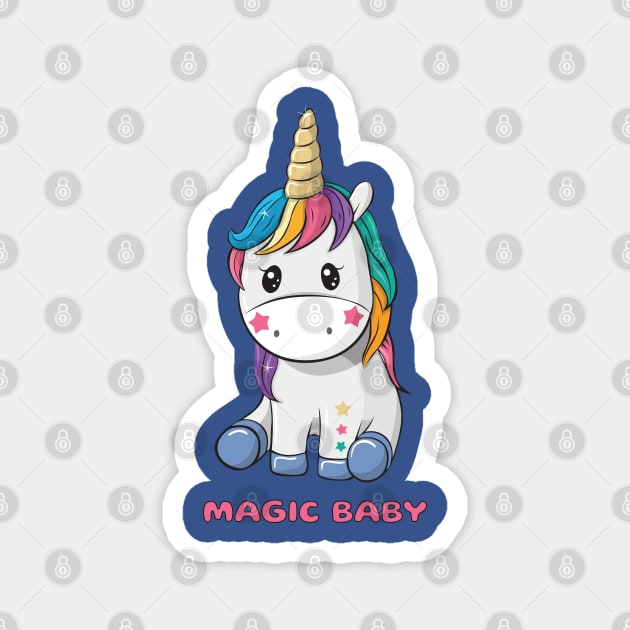 Cute little unicorn girl with coloured hair and words magic baby Magnet by playmanko