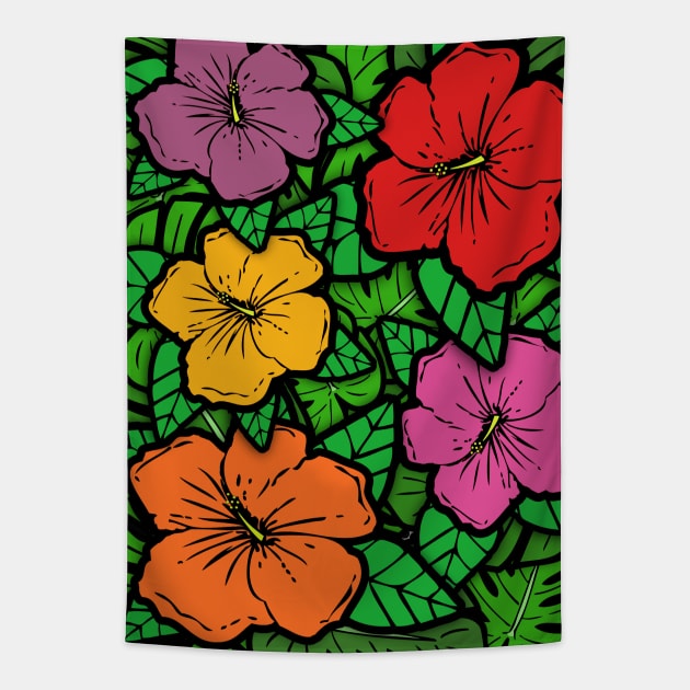 Hibiscus Flowers & Monstera Leaves Tapestry by RockettGraph1cs