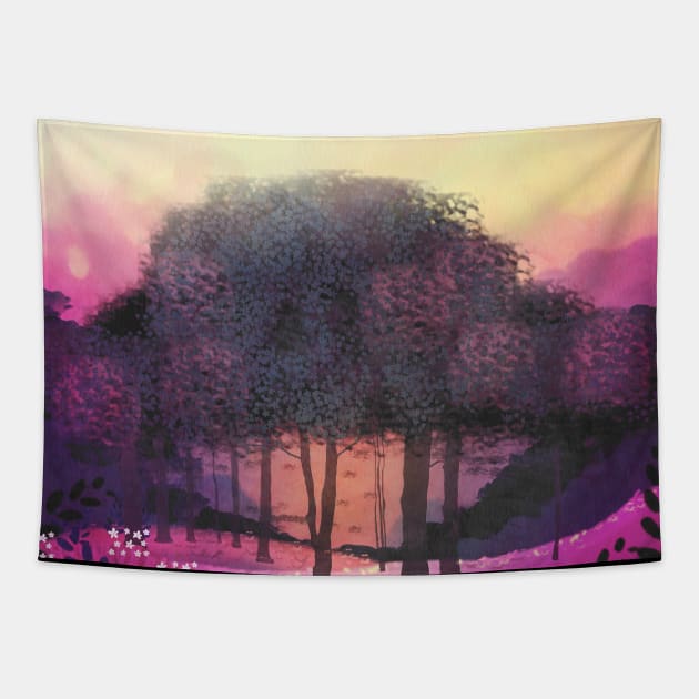 Pink Sunset Forest Tapestry by saradaboru