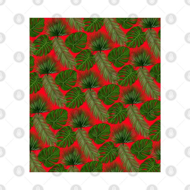 Tropical Leaf Scatter Pattern on Red by OneThreeSix