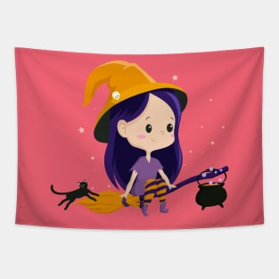 Kawaii Witch Flying in the moonlight With Her Black Cat and Cauldron Tapestry