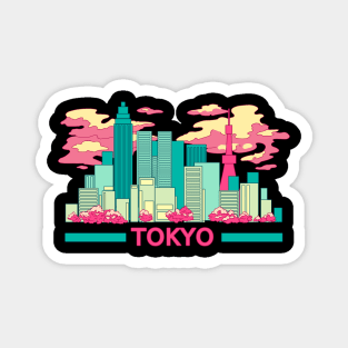 The colorful Tokyo skyscrapers and the cherry blossom on the black background Magnet