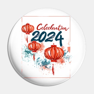 Red and Blue 2024 Celebration: Paintbrush Art of Chinese Lantern & Firework Pin