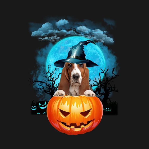 Basset Hound Witch Hat Pumpkin And Blue Moon Halloween by Centorinoruben.Butterfly