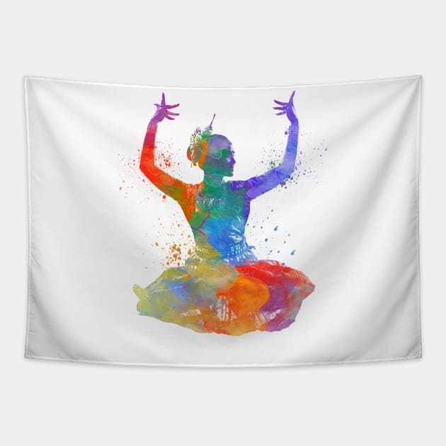 indian woman dancer dancing silhouette in watercolor Tapestry by PaulrommerArt