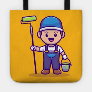 Painter With Roll Brush And Bucket Paint Cartoon Tote