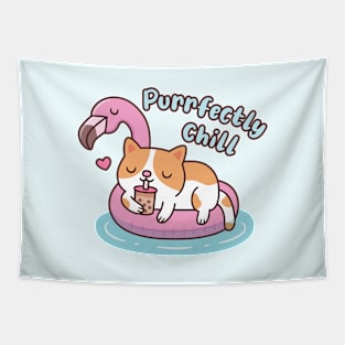 Cute Cat Chilling On Flamingo Pool Float Purrfectly Chill Tapestry