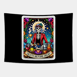 Death Before Decaf Skeleton Tapestry