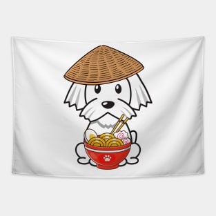 Funny white dog is eating noodles Tapestry