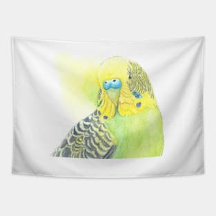 Watercolor green and yellow budgies - parakeet painting portrait with back wash Tapestry