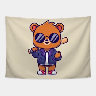 Cute Bear With Baseball Bat Cartoon Tapestry