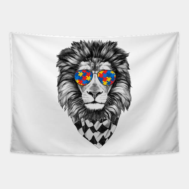 Lion - Autism Awareness - Autism - Autistic - Puzzle Piece Tapestry by CreativeShirt