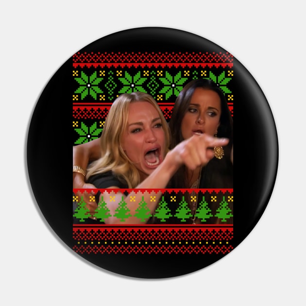 Woman Screaming At A Cat Ugly Christmas Sweater Pin by TextTees