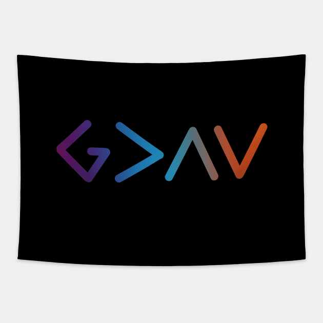 God is greater than the highs and the lows from Romans 8:28, gradient text Tapestry by Selah Shop