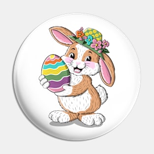 Cute bunny illustration in floral hat and big colorful egg Pin
