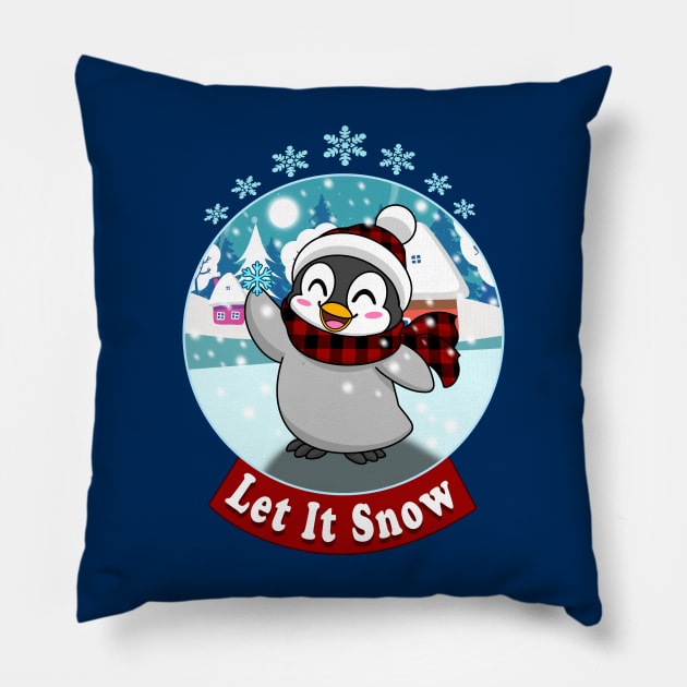 Let it snow Kawaii Penguin Christmas holiday snowflake design Pillow by JustJoshDesigns