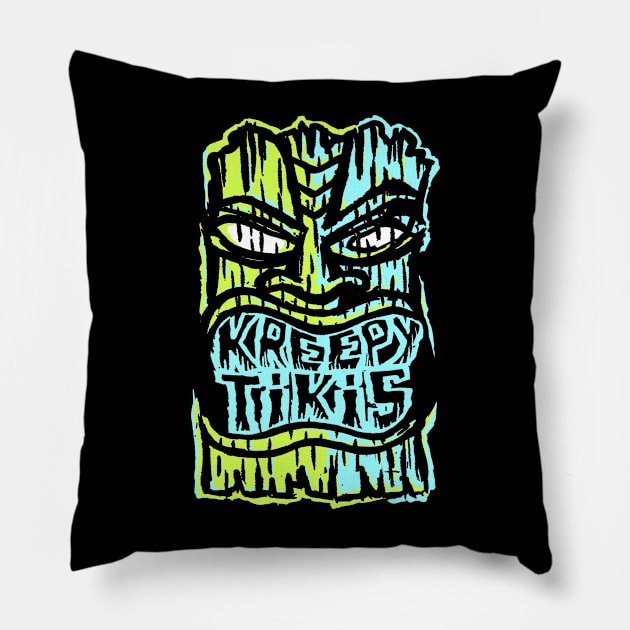 Kreepy Tikis logo Green Aqua Pillow by The_Kreepy_Tikis