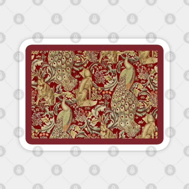 FOREST ANIMALS , PEACOCKS , FOX AND HARE IN RED Magnet by BulganLumini