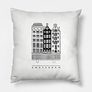 Three old houses. Amsterdam, Netherlands. Realistic black and white illustration. Pillow