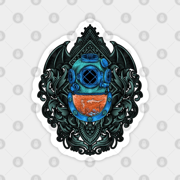 Antique Diving Helmet Emblem with Shark Magnet by HolidayBug