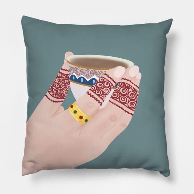 Henna Hand Holding Teacup - Henna Hand with a Cup Pillow by Tilila