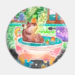 Capybara in Bath Tub with Oranges Pin