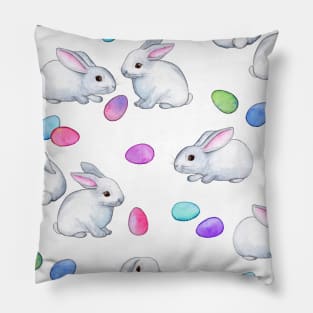 Easter Bunnies with Rainbow Pastel Eggs on white Pillow