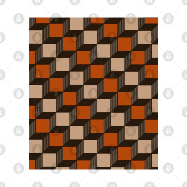 Chocolate Brown, Tan and Rust Orange, Cube, Geometric by OneThreeSix