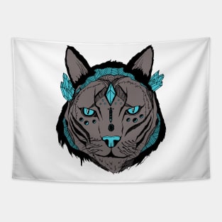 Blue Grey Mystical Tribal Cat Tapestry