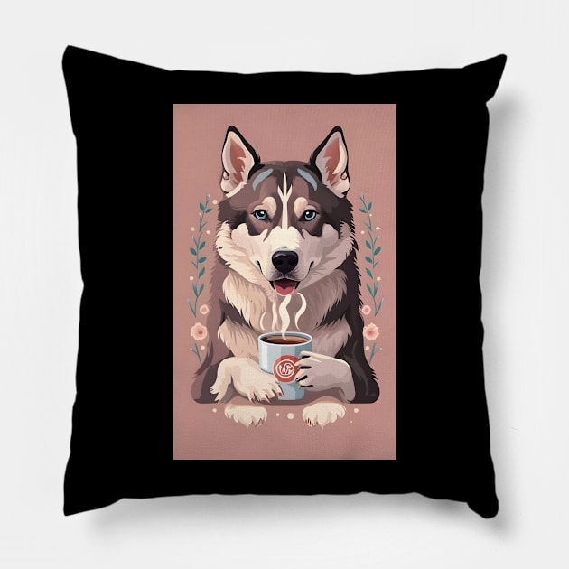 Siberian husky with hot coffee Pillow by Spaceboyishere