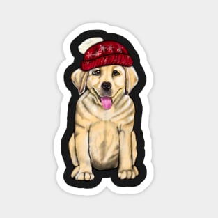 Labrador retriever- festive cute Golden Labrador retriever puppy dog in winter beanie hat Magnet